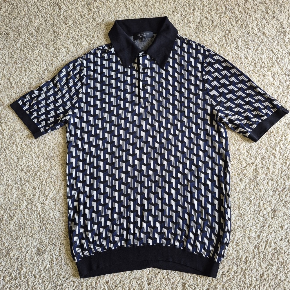 Rag & Bone Polo Shirt Men's XL Blue Knit Short Sleeve Geometric AOP Comfort